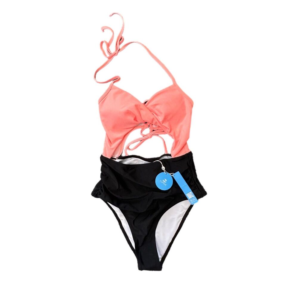 C22 Cupshe Salmon & Black One-piece Swim Suit, Small